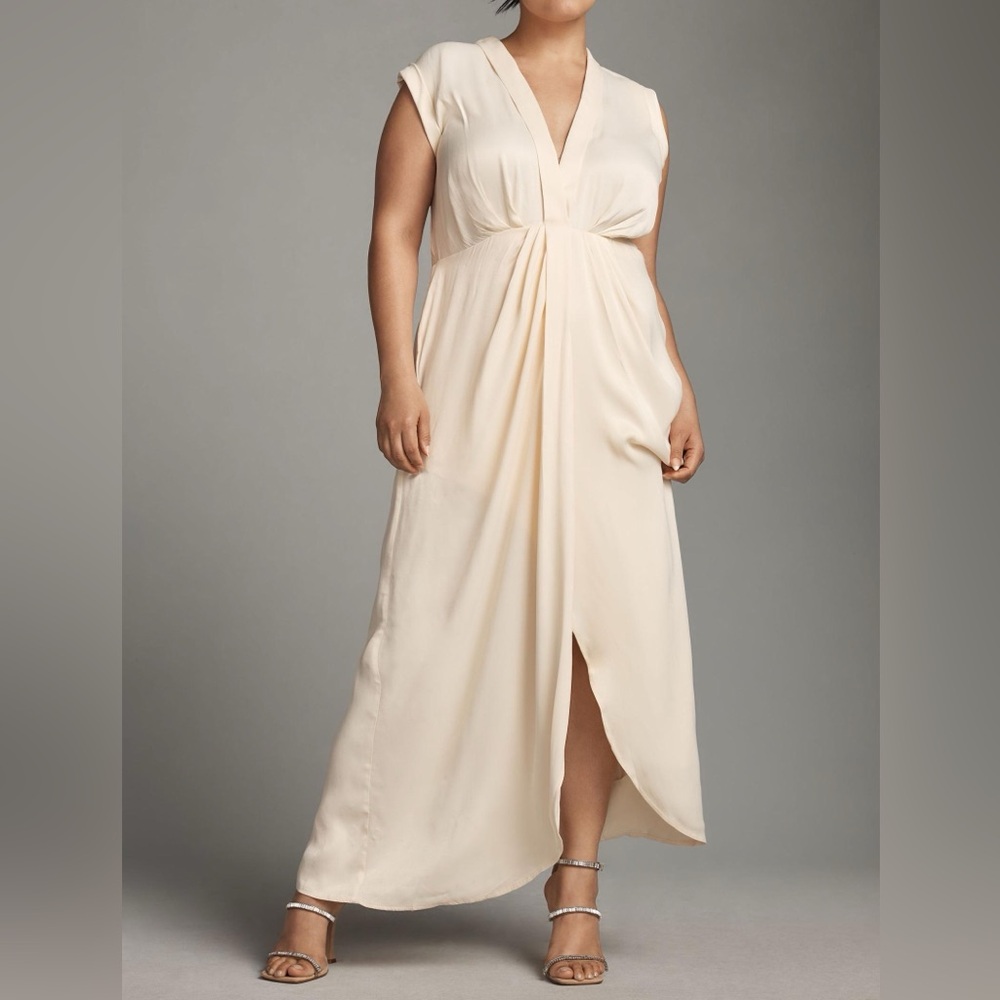 By Anthropologie Sleeveless V-Neck Twist-Front Satin Dress